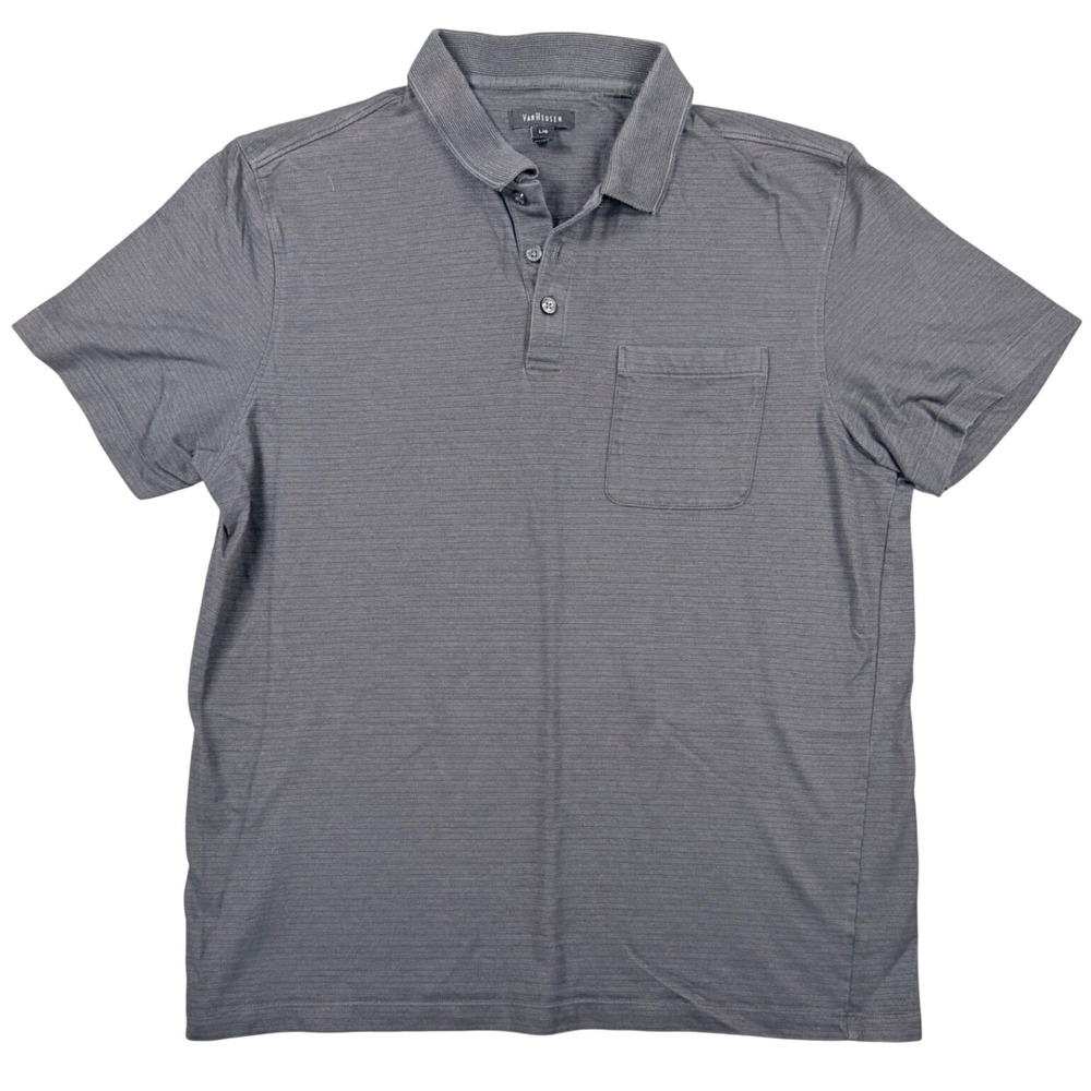 Van Heusen Mens Gray Textured Short Sleeve Polo Shirt Large Pocket Cotton Blend